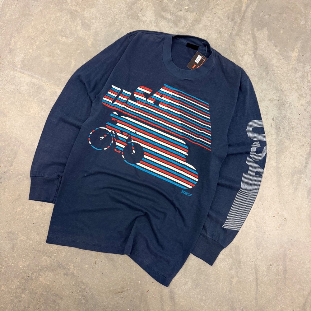 80s Mens Sun Sportswear USA Cycling Graphic Long Sleeve T-Shirt Navy Small